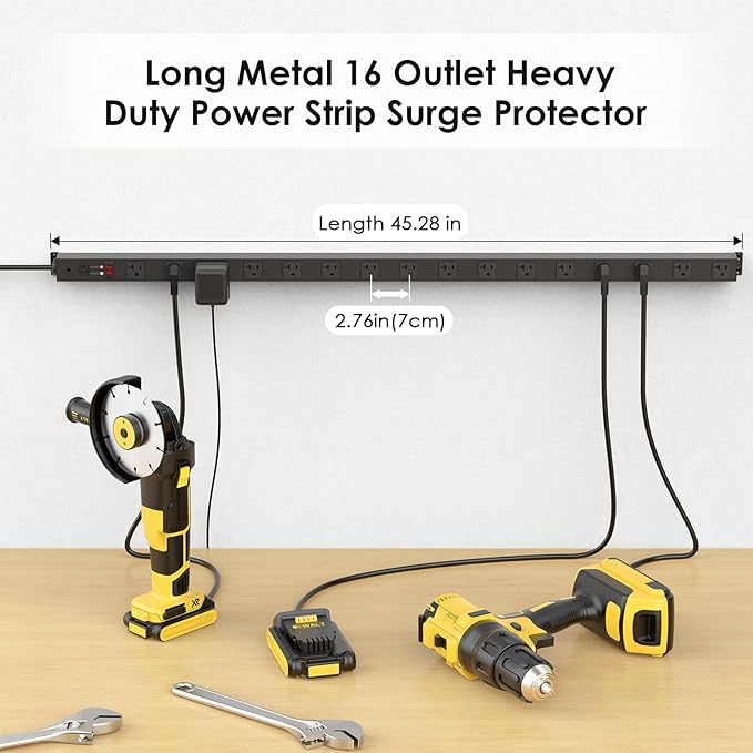 JUNNUJ Long Metal 16 Outlet Power Strip, Heavy Duty Power Strips Surge Protection 4800J with Circuit Breaker, 20a Wide Spaced Socket Wall Mount 5-15P Adapter High Amp 6-20R T-Slot 4FT Extension Cord