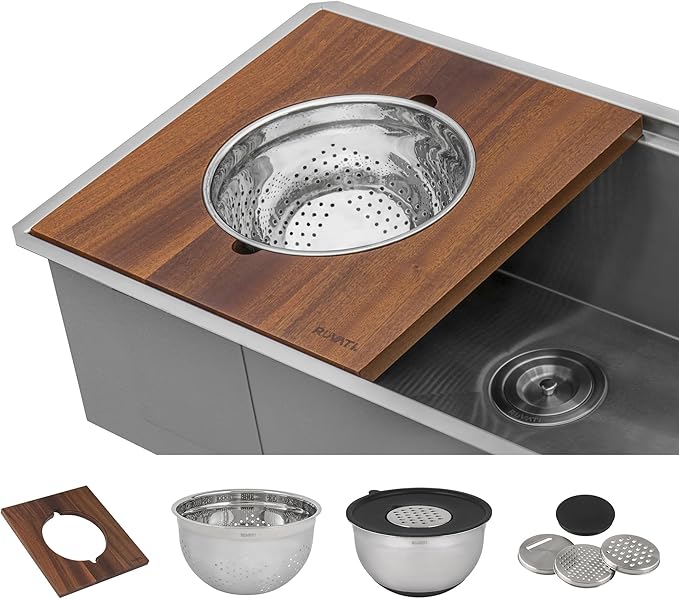 Ruvati 69-inch Undermount Workstation Kitchen Sink – 16 Gauge Stainless Steel Single Bowl with Two-Tiered Ledges & Accessories – RVH8666