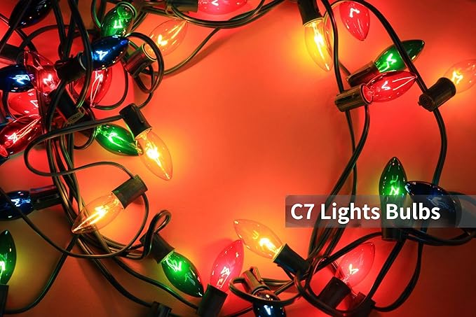 25 Pack C7 Christmas Replacement Light Bulbs, C7 Clear Multi-Color Christmas Lights for Christmas Outdoor Patio Indoor String Lights, C7/E12 Candelabra Base, 5 Watt