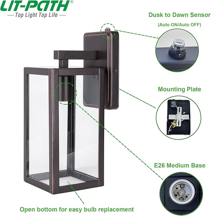 LIT-PaTH Dusk to Dawn Outdoor Wall Lantern, Wall Sconce as Porch Lighting Fixture, E26 Medium Base Max 60W, Anti-Rust Metal with Glass Shade, Oil Rubbed Bronze Finish, 2-Pack