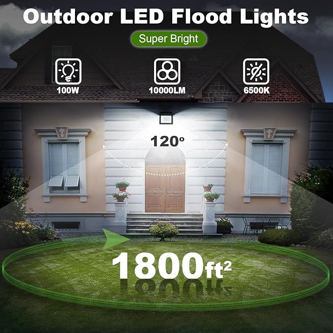 4 Pack 100W LED Flood Light Outdoor,10000LM Bright Work Spotlight Plug in,6000K Daylight White,IP66 Waterproof Exterior Security Floodlights for Yard,Garden,Backyard,Patio,Stadium,Parking Lot