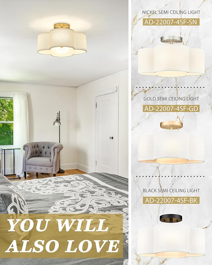 Semi Flush Mount 4-Light 14Inch Ceiling Lights with Fabric Shade in Quatrefoil Shape, Brushed Nickel for Nursery, Hallway, Bedroom, Kitchen - AD-22007-4SF-SN