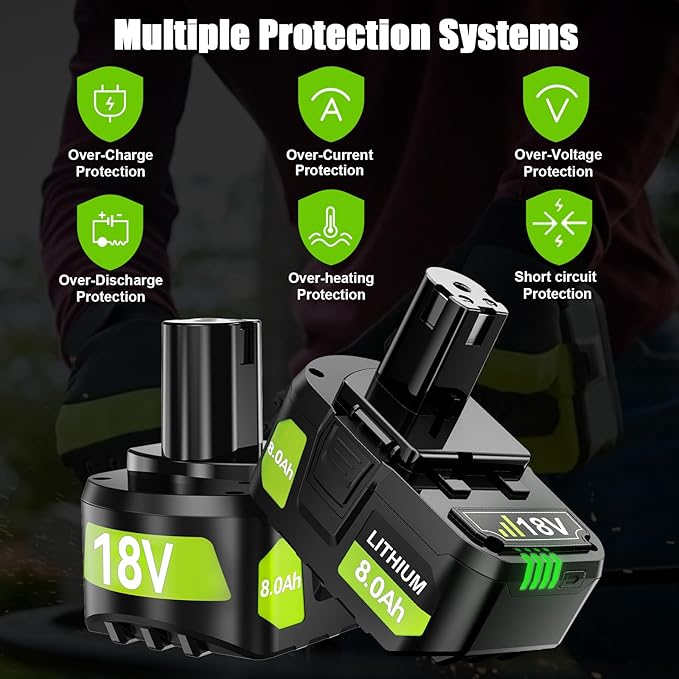 Upgrade 2Pack 8000mAh High Capacity Replacement for Ryobi 18V Battery P108 P104 P105 P102 P103 P122 P109 Li-ION Compatible with All Ryobi 18Volt ONE+ System Cordless Power Tools and Charger