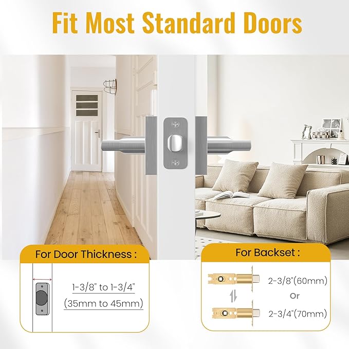 HOSOM Interior Door Levers Passage Door Handles Heavy Duty No Locking Door Handle Set for Hallway, Closet Doors, Satin Nickel Door Handle with Square Plate, 1 Pack