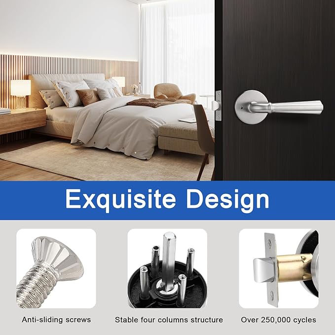Orger 6 Pack Satin Nickel Privacy Door Lever Interior Door Handle with Lock, Keyless Bed Bath Door Handle Round Door Lever Reversible for Left & Right, Modern Privacy Door Lock Stainless Steel