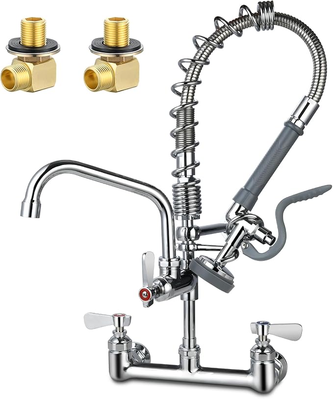 Commercial Sink Faucet with Sprayer 21" Height, 8 Inch Center Wall Mount Kitchen Sink Faucet with Down Pre-Rinse Sprayer and 8" Add-on Swing Spout