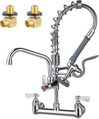 Commercial Sink Faucet with Sprayer 21" Height, 8 Inch Center Wall Mount Kitchen Sink Faucet with Down Pre-Rinse Sprayer and 8" Add-on Swing Spout