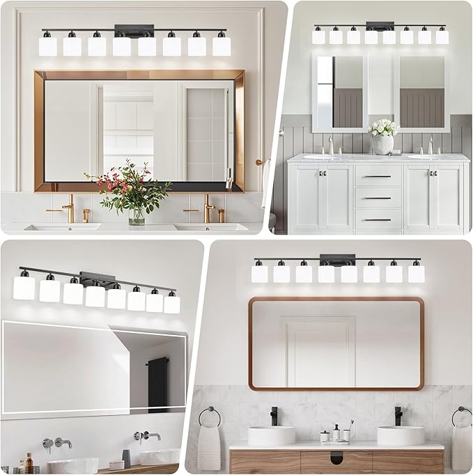 8 Light Black Bathroom Light Fixtures Over Mirror for Big Mirror, Modern Bathroom Lighting with Milky White Frosted Glass Shades,51 inch Lights for Vanity for Mirrors, E26