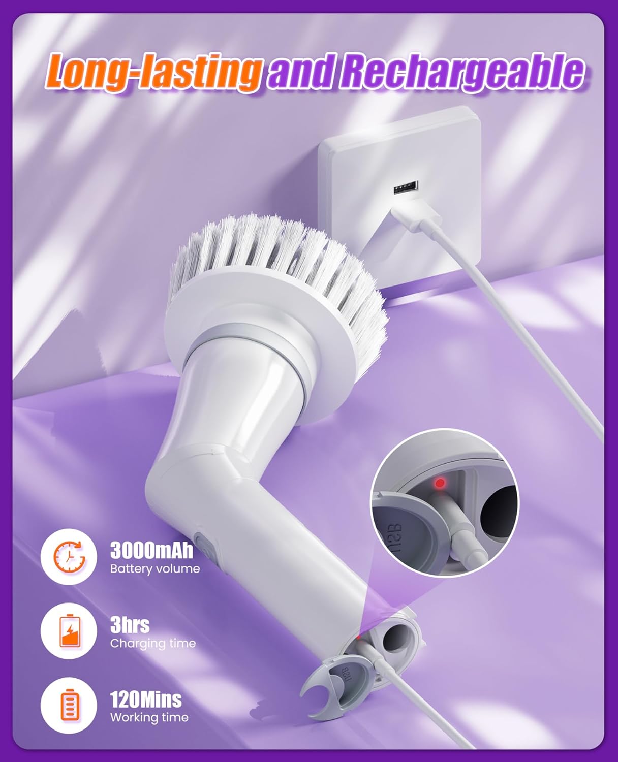 NBONEBS Electric Spin Scrubber, Cordless Shower Scrubber Rotary Floor Brushes & Pad Drivers with 6 Brush Heads - 2H Dual Speed, IPX7 Waterproof Extension Handle for Bathroom Tile Car Cleaning (White)