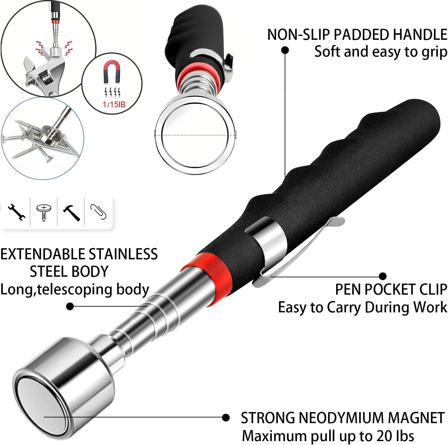 Magnetic Pickup Tool and Grabber Set, 35-inch Flexible Claw, 30-inch Telescoping Magnet with 20lb Pull Force