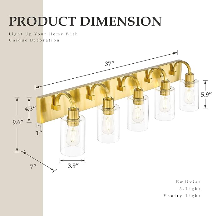 Emliviar 5-Light Vintage Vanity Lighting for Bathroom, 37-Inch Wall Mount Light Fixture with Clear Glass Shade, Brushed Gold Finish, YCE237B-5W BG
