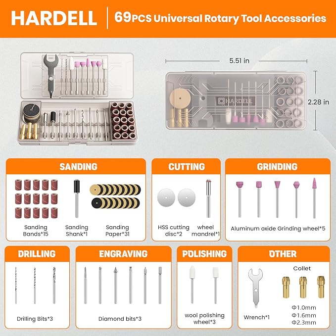 HARDELL Rotary Tool, 4V Mini Cordless Rotary tool Kit con 5 Speed Display, Rechargeable Rotary tool Set with 69 Accessories for Sanding, Grinding, Engraving, Polishing, Drilling, Cutting, DIY Crafting