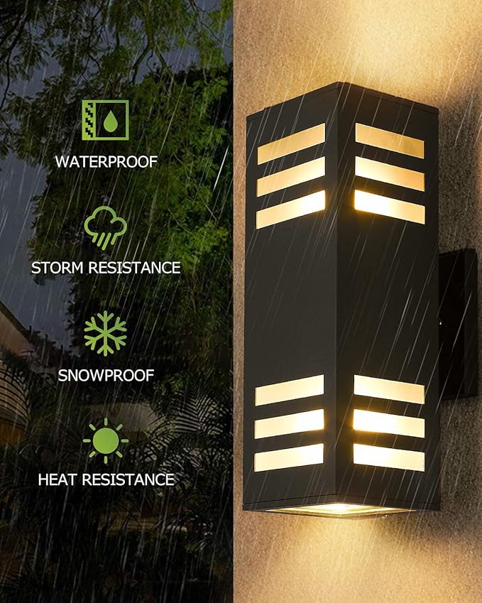 harriet Porch Lights Outdoor Modern - IP64 Waterproof Aluminum and Tempered Glass Cover, 13" Rectangular Up/Down Wall Sconce for Porch, Garage & Patio, Exterior Lighting, Black, 2 Pack