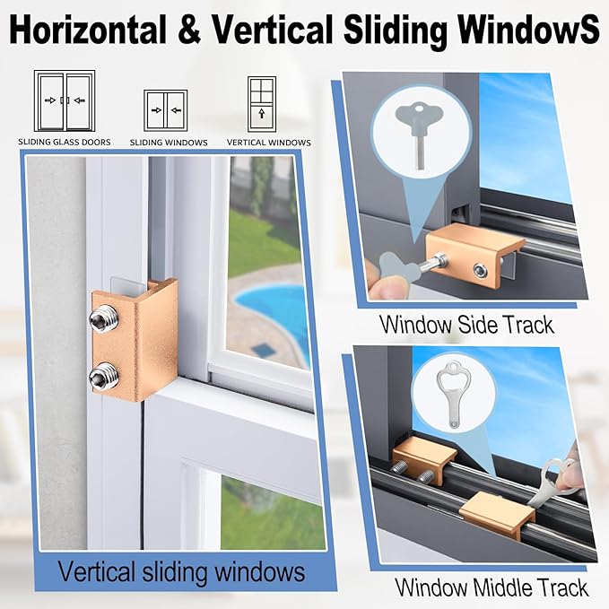 Sliding Window Locks - Adjustable Aluminum Security Locks for Horizontal & Vertical Windows (2 Sets Gold)
