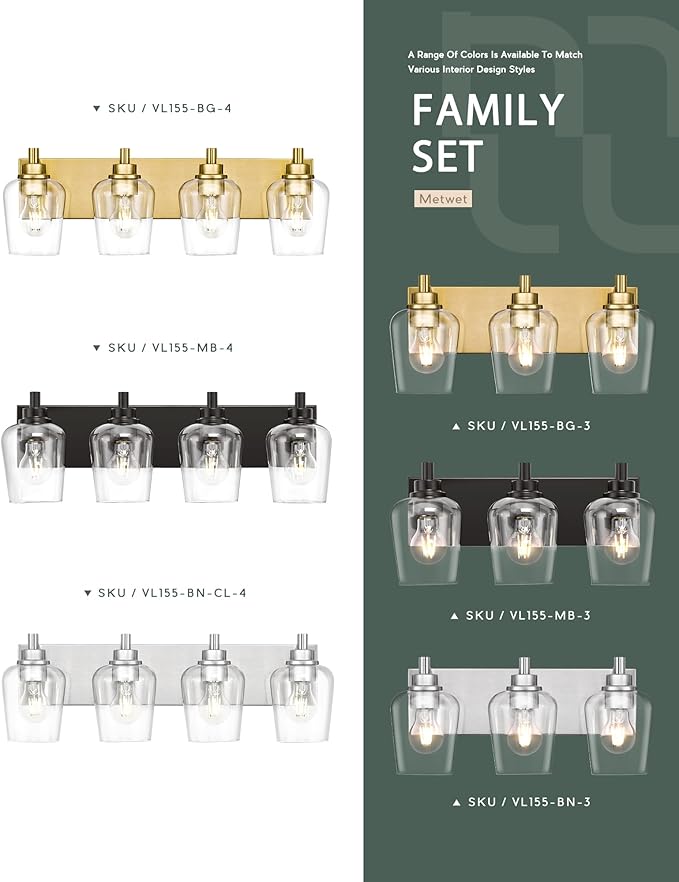 Bathroom Light Fixtures, 4-Light Modern Vanity Light with Clear Glass Wine Glass-Shaped Shade, Vanity Lighting Fixtures Over Mirror, Brushed Gold, VL155-BG-4
