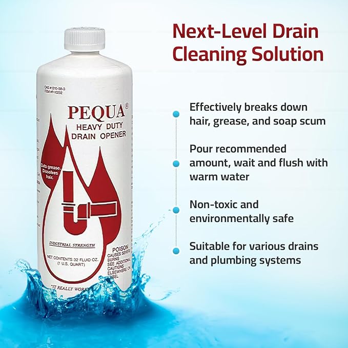 PEQUA INDUSTRIES Pequa Heavy Duty Drain Opener, Non-Acid, Fast-Acting Formula, Industrial strength Drain Cleaner for Sinks, Tubs, Septic Tanks - 32 Oz (Pack of 4)