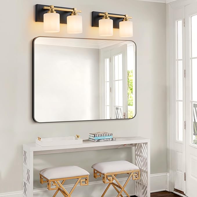 2 Light Modern Bathroom Light Fixtures Over Mirror, Black Gold Vanity Lights for Bathroom Wall Sconces with Milky White Glass Shades, E26 Socket (Bulbs Not Included)