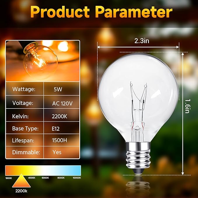 G40 Replacement Light Bulbs 120V 5W Clear Globe E12 Replacement Bulbs for Outdoor String Lights Dimmable Incadescent Bulbs for Indoor Outdoor Patio Decor,Pack of 25