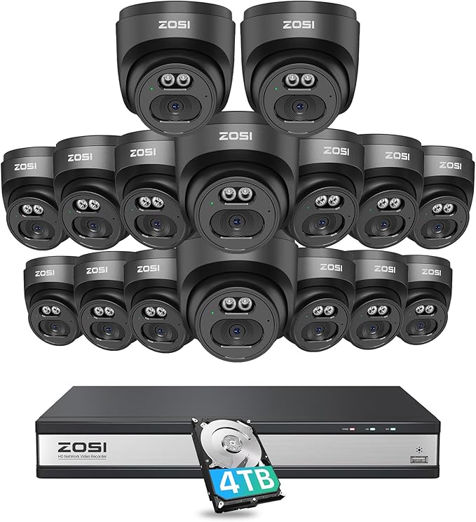 ZOSI C220 16CH 4K 8MP PoE Home Security Camera System, 16 Channel 4K NVR with 4TB HDD for 24/7 Record, 16 x 4MP(1440p) 2.5K QHD Dome IP Cameras Outdoor Indoor, Smart AI Human Detection, Two-Way Audio