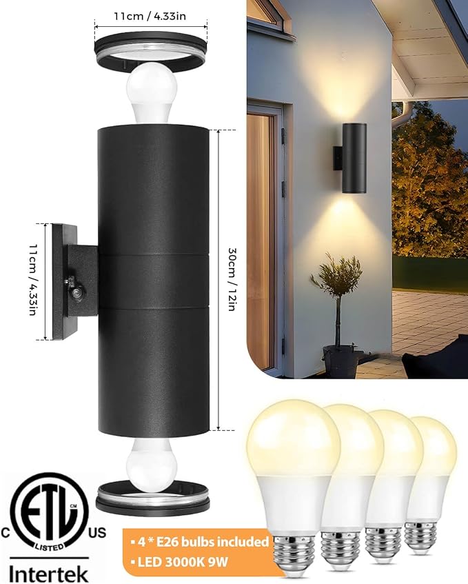 SHIMR Dusk to Dawn Outdoor Lighting 2 Pack, Modern Exterior Light Fixture Wall Mount ETL Listed, Aluminum Waterproof Black Up and Down Outside Lights for House Porch Garage, LED Bulbs Include