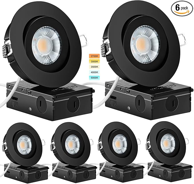 Black Gimbal recessed Lights 4 Inch 6 Pack, Gimbal canless recessed Lights with Junction Box,9W 750LM,Dimmable,5CCT Selectable,Air Tight