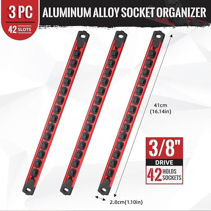 Magnetic Socket Organizer, 3-Piece Heavty Duty Aluminum Socket Holder, Socket Rail for Tool Box, Premium Quality 360° Swivel Socket Rack with 42 Clips for 3/8-Inch(Red)