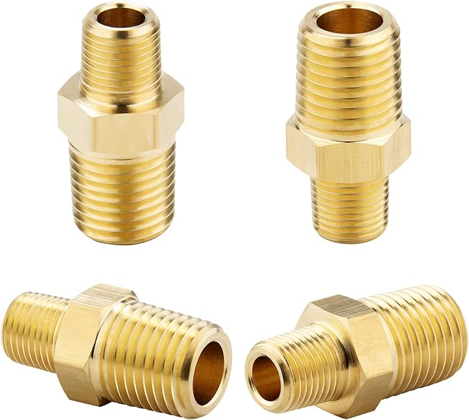 KOOTANS 1/4 NPT x 1/8 NPT Male Solid Brass Nipples, Heavy Brass Pipe Adapter Fittings Hex Reducing Nipples Connectors 4Pieces