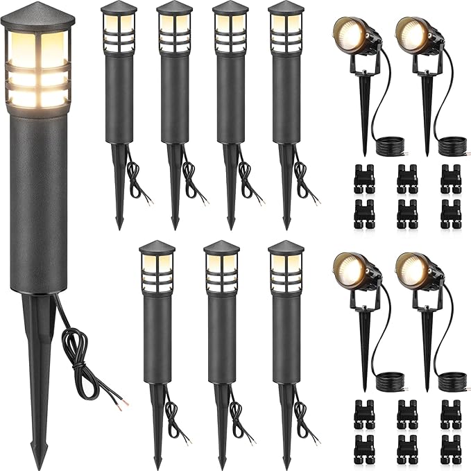 SUNVIE 12-Pack Low Voltage Landscape Lighting Kit LED Bollard Pathway Lights Wired with Spotlights for Garden, Path, Yard, Patio, Cast-Aluminum, IP65 Waterproof, 12-24V AC/DC, 3000K Warm White, Black