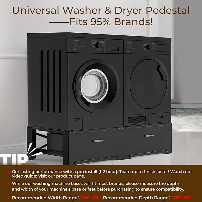 SKM 2-Pack 29" Washer & Dryer Pedestal Stand with Storage Drawer | Heavy-Duty Steel, 700LB Capacity | 14.3" Ergonomic Height, Black