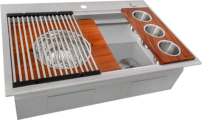 Ruvati 33-inch Two-Tiered Ledge Workstation Kitchen Sink - Drop-in Topmount Kitchen Sink - 16 Gauge Stainless Steel Kitchen Sink with Brushed Finish hides scratches - RVH8424