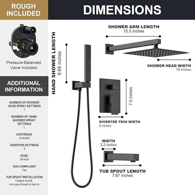 Lava Odoro Modern 3-Setting Square Shower and Tub Faucet Set with Shower Head and Handheld Sprayer Black, Rainfall Shower System with Tub Spout, Shower Valve Trim Kit, Matte Black, SF103-MB-T