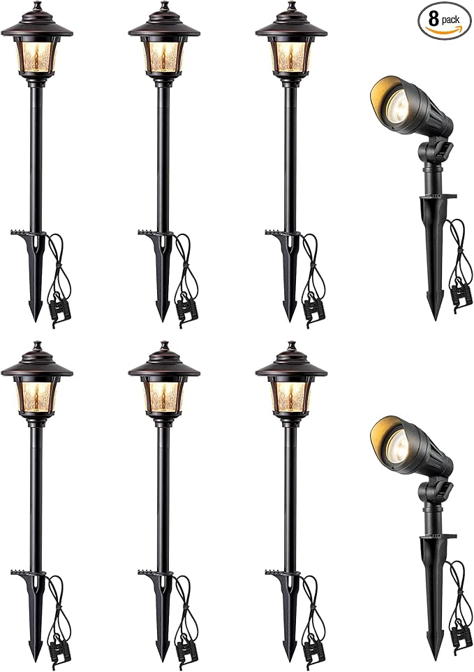 EDISHINE Low Voltage Landscape Lights Kit, 3W 120LM LED Pathway Lights & 3.2W 240LM Spotlights, Seed Glass, 12V Outdoor Landscape Lighting with Connectors, Aluminum Landscape Light for Garden Yard