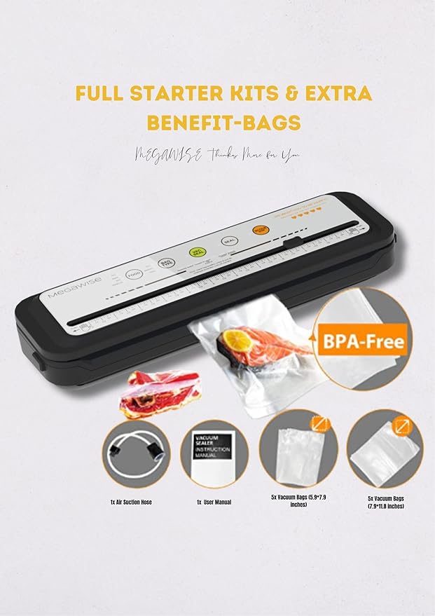 MEGAWISE Food Vacuum Sealer Machine with Built-in Cutter – 80kPa Suction, One-Touch Operation, 4 Food Modes, Compact Design (Silver)