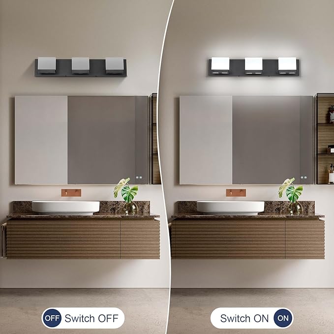 SineRise LED Modern Bathroom Vanity Light Fixtures (3-Light, 24-Inch,6000K), Matte Black Modern Acrylic Bathroom Wall Lighting Fixtures Over Mirror
