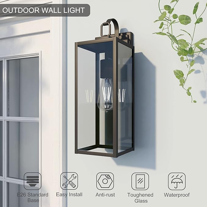 Pia Ricco Large Size Outdoor Wall Lights, 2 Pack 18 Inch Matte Black Exterior Light Fixture with Clear Glass Shade, Waterproof Front Porch Lighting, Modern Sconce Lantern for House, Garage, ETL Listed