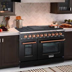 Akicon 48 Inch Freestanding Gas Range - 6.7 cu. ft. Double Rapid Convection Gas Oven - Gas Stove with 8 Sealed Burners & a Griddle, Heavy Duty Cast Iron Grates (Black & Copper)