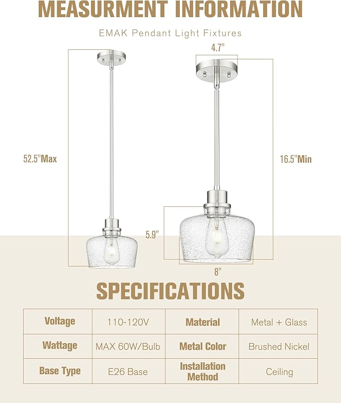 Emak 8 Inch Pendant Lights Kitchen Island, Modern Brushed Nickel Pendant Light Fixtures with Seeded Glass Shade, 1 Light Hanging Light for Kitchen Island, Dining Room, Bathroom, Bedroom, PL122-BN