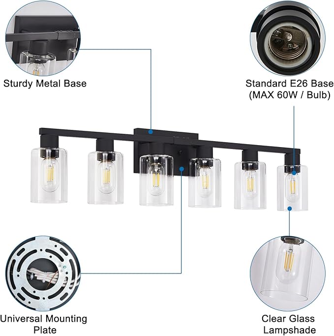 Black Bathroom Light Fixtures, 6-Light Bathroom Lighting Fixtures Over Mirror with Clear Glass Shade, Matte Black Vanity Lights, 6 Light Count Large Vanity Light Fixture for Bath, Mirror,Wall Sconce