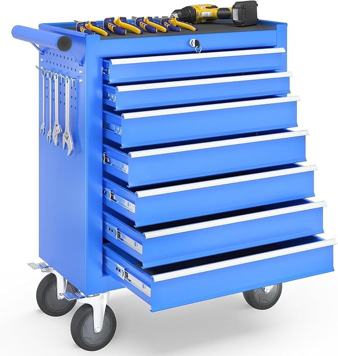 7-Drawer Rolling Tool Chest with Wheels, Tool Box with Locking System and Sliding Drawers, Tool Box Organizer for Garage, Warehouse, Workshop(Blue)