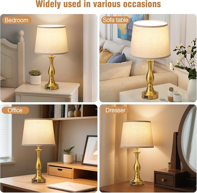 Bedside Table Lamp Touch Control Bedroom Lamps with USB-C USB-A Charging Port 3 Way Dimmable Touch Lamps for Nightstand Living Room Bedroom Dorm Home Office Reading, Set of 2