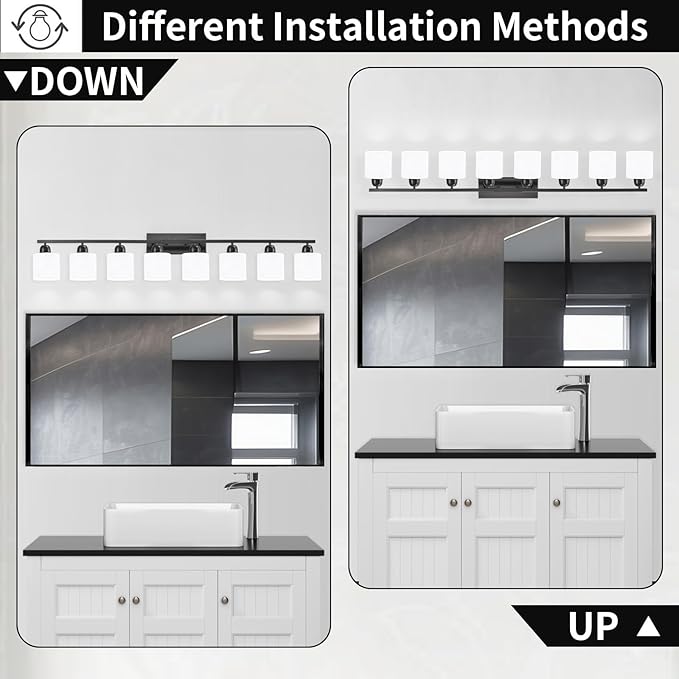 8 Light Black Bathroom Light Fixtures Over Mirror for Big Mirror, Modern Bathroom Lighting with Milky White Frosted Glass Shades,51 inch Lights for Vanity for Mirrors, E26