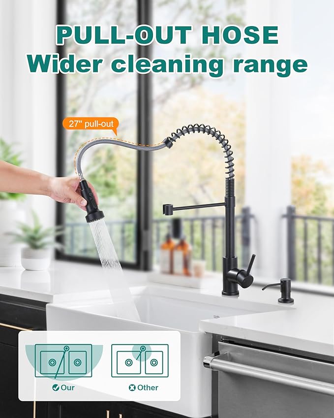 Black Kitchen Faucet with Soap Dispenser: 3-Function Kitchen Faucet with Pull Down Sprayer - Stainless Steel Single Handle Sink Faucet with Deck Plate for Farmhouse Laundry