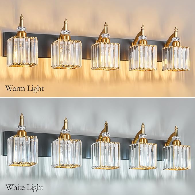 Modern Crystal Vanity Lights Black Gold 5 Light Bathroom Vanity Light Fixtures Over Mirror