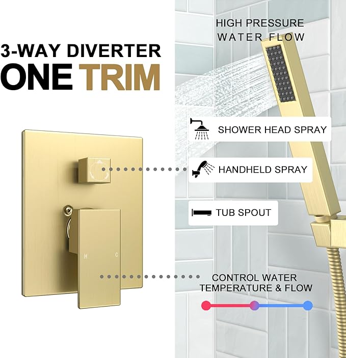 Lava Odoro Modern 3-Setting Square Shower and Tub Faucet Set with Shower Head and Handheld Sprayer Gold, Rainfall Shower System with Tub Spout, Shower Valve Trim Kit, Brushed Gold, SF103-SG-T