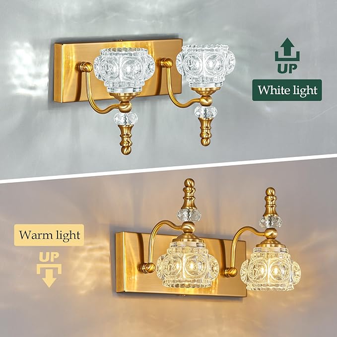 Modern Glass Crystal Vanity Light - Vintage Bathroom Lighting Fixtures Over Mirror, 2 Light Vanity Lights G9 Bulb (11.81 Inch, Gold)