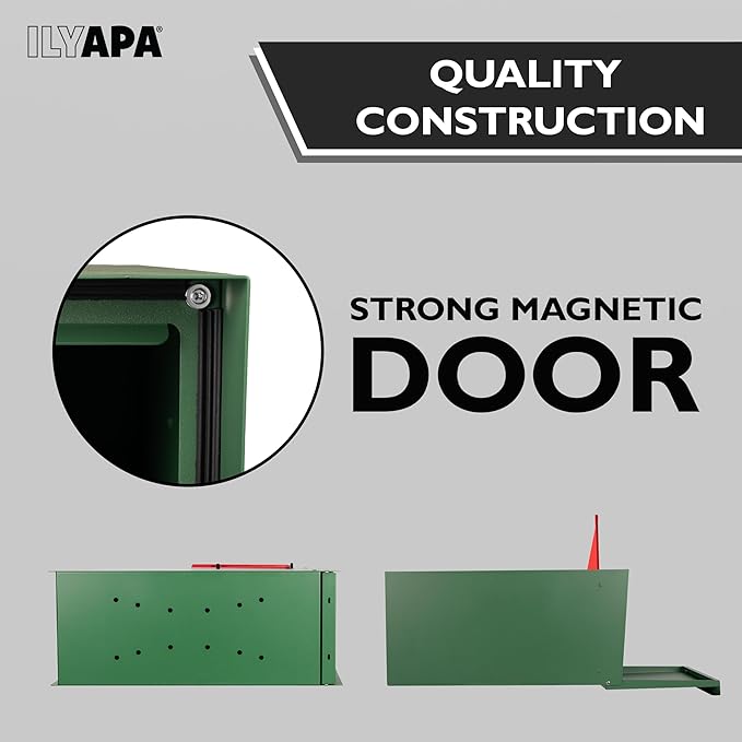 Ilyapa Modern Mailbox for Outside Post Mount - Green Powder Coated Metal Mailbox, Waterproof Letter Box for Parcels, with Recessed Magnetic Close Door