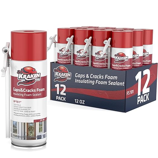 Kraken Bond Gaps & Cracks Expanding Foam Sealant - (12x12oz) High Expansion Polyurethane Spray Foam for Window & Door, Straw Use Waterproof High Yield Gap Filler - 12 Pack