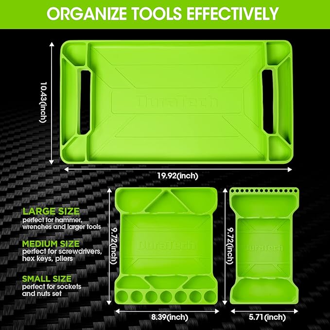 DURATECH Flexible Tool Tray, Silicone Tool Holder for Mechanics Storage, Heat and Chemical Resistant Organizer for Automotive, Industry and Household(3pack Green)