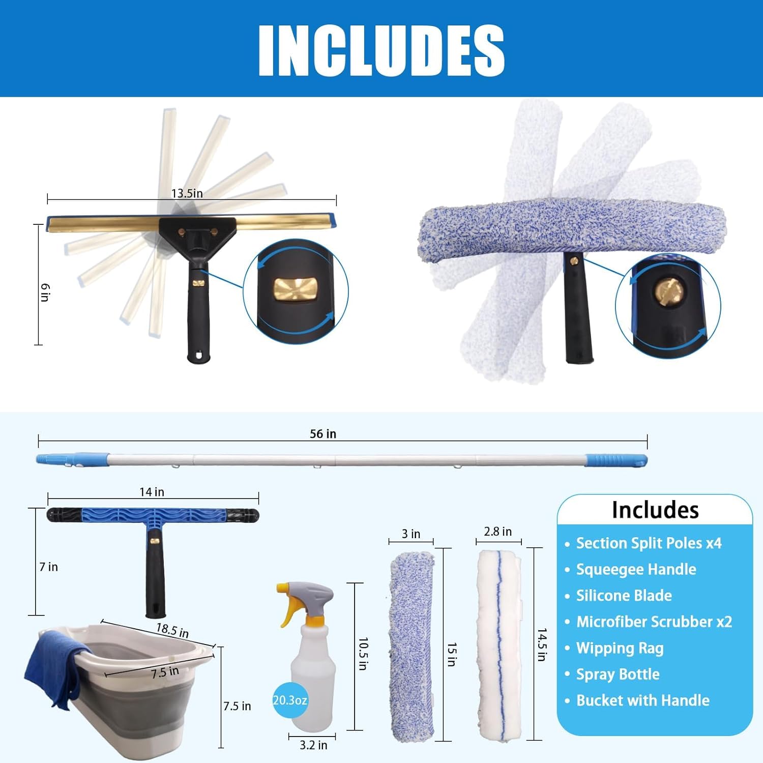 ﻿Pro Window Cleaning Kit with Storage Bucket, with 4 13 inch Extension Rods, Scrubber, Spray Bottle, Rag and Scraper with Rotating Head - Car/Home Glass Cleaning System
