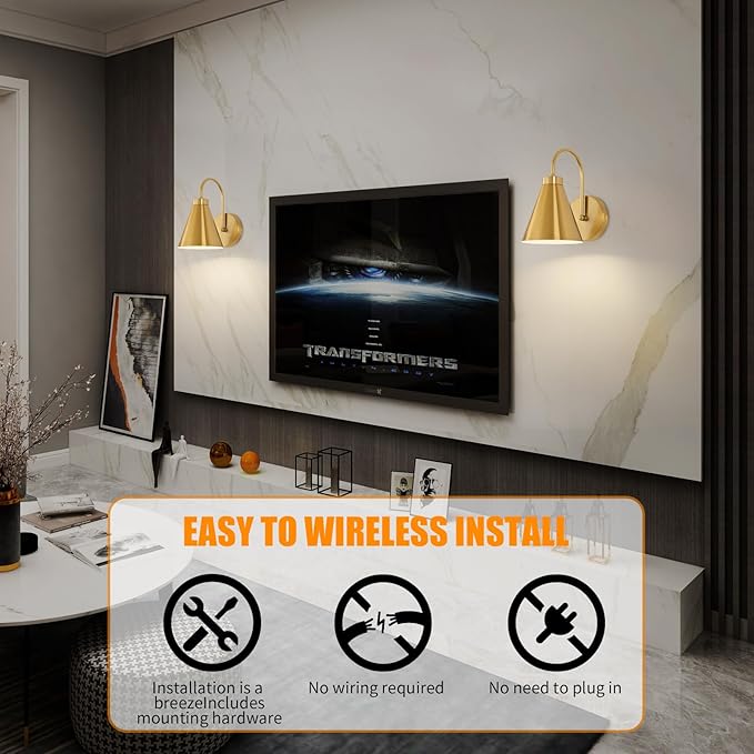 Vintage Cordless Gooseneck Battery Operated Wall Sconces Set of 2, Gold Bedside Battery Powered Wall Decor Lamps with Remote Control, Wireless Indoor LED Lights Fixture for Bedroom Hallway